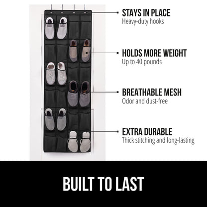 GORILLA GRIP Over the Door Shoe Organizer, 24 Large Breathable Mesh Pockets, Space Saving Hanging Storage Holder, Closet Rack Hanger Holds Up to 40 lbs, Hangs on Closets for Shoes, Accessories, Black
