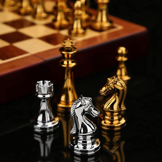11Inch Large Deluxe Metal Chess Set - Portable Wooden Box with Alloy Pieces Folding Board Ideal for Adults