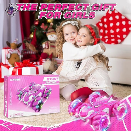 Spider Remote Control Car Double Sided 360°Rotating USB Direct Charging RC Cars with Cool Lights 2.4Ghz Drift RC Stunt Car 360°Rotating 4WD Off-Road Race Toys for 4-12 Boy Girl Kids Gifts(Pink)