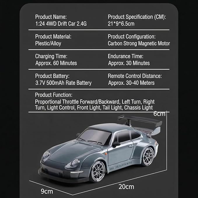 High Speed 1:24 4WD RC Drift Car with Proportional 2.4G Remote Control Dual Tire Configuration and LED Light Racing Vehicle Model for Adults Enthusiasts– Air Force Gray