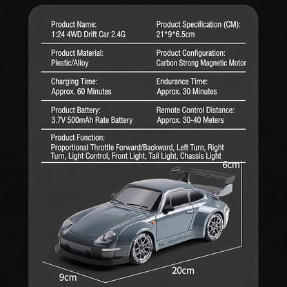 High Speed 1:24 4WD RC Drift Car with Proportional 2.4G Remote Control Dual Tire Configuration and LED Light Racing Vehicle Model for Adults Enthusiasts– Black