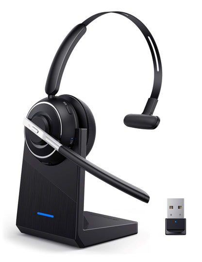 Bluetooth Headset, Wireless Headset with Microphone for PC, V5.2 Computer Headset with Noise Cancelling Mic, USB Dongle, Charging Base & Mute Button for Work, Cell Phones, Computer (Black)