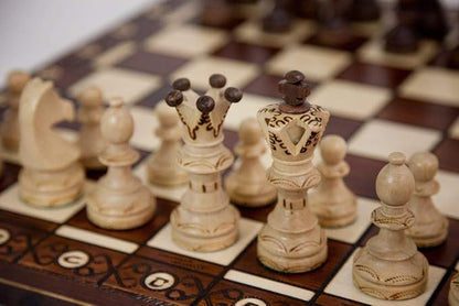 Wegiel Handmade European Ambassador Chess Set - Wooden 21 Inch Beech &amp Birch Board with Felt Base - Carved Hornbeam &amp Sycamore Wood Chess Pieces