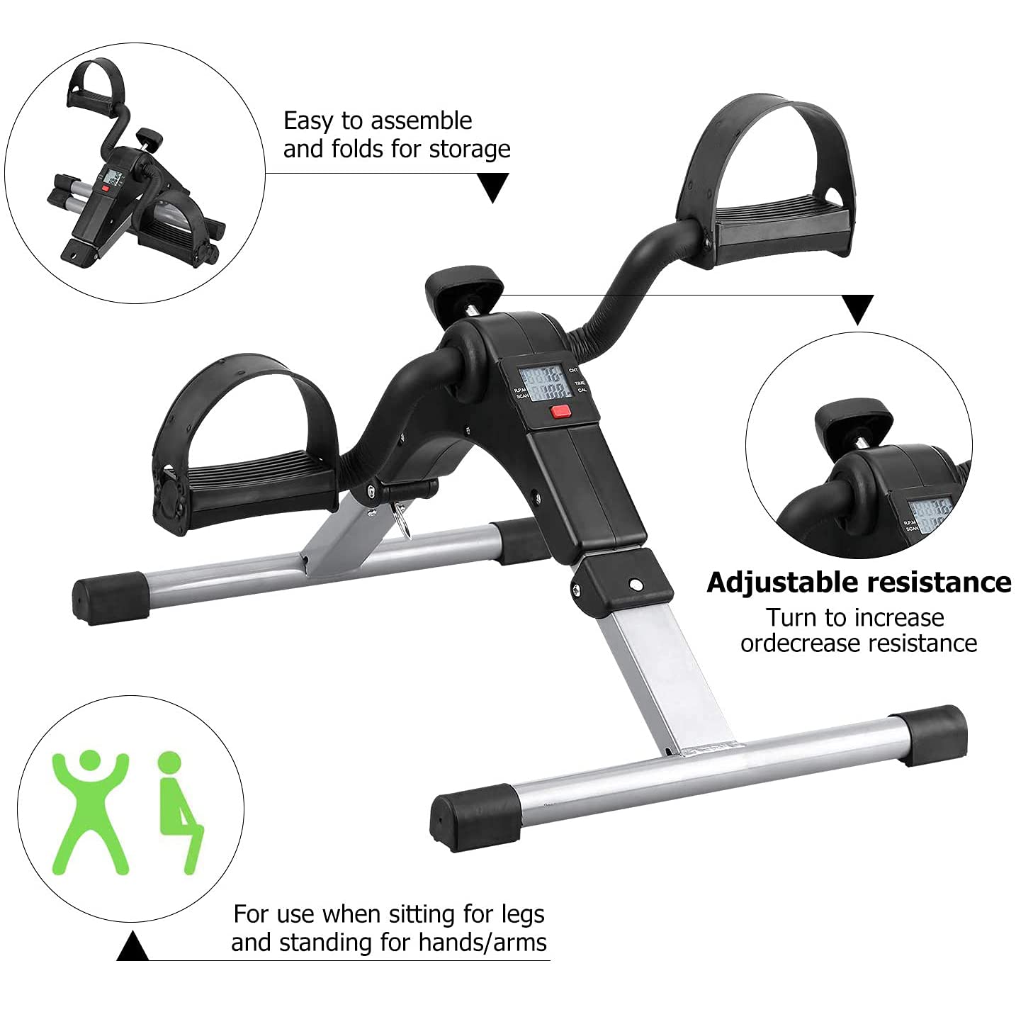 Folding Pedal Exerciser, Mini Exercise Bike Under Desk Bike Foot Pedal Exerciser, Foot Hand Cycle Portable Peddler Machine Bicycle Exerciser Arm Leg Exerciser While Sitting (Silver)