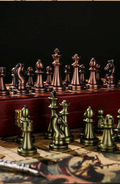 Agirlgle Retro Metal Chess Set with Folding Wooden Chess Board and Classic Handmade Standard Pieces Metal Chess Set for Kids Adult