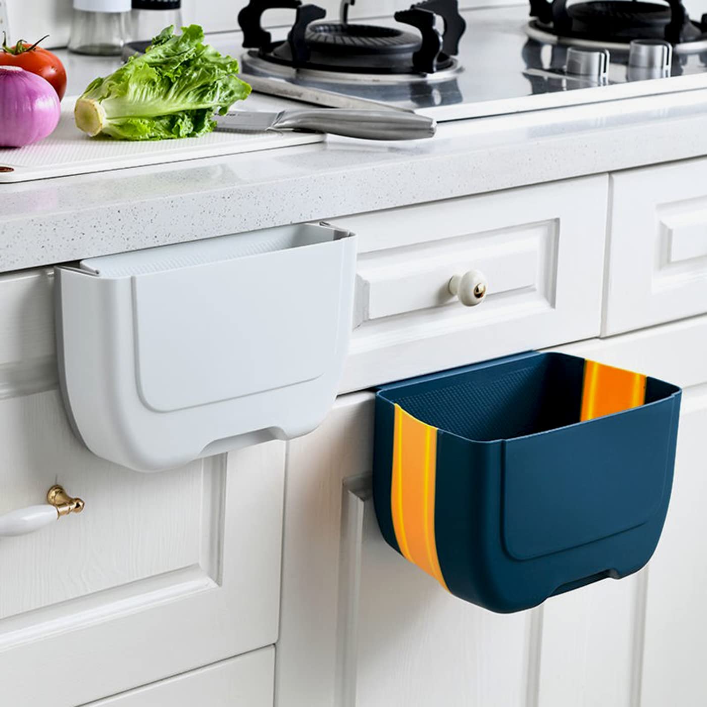 Hanging Folding Mini Trash Can for Kitchen Cabinet Door, Small Collapsible Garbage Bin Under Sink,Wall Mounted Waste Bin- Container Cabinet/Bedroom/Bathroom (3L)(White)