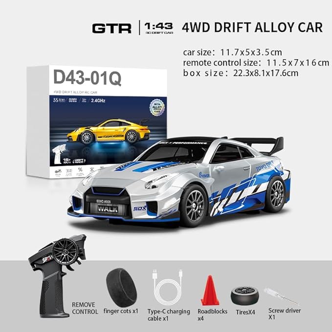 D43-02 1:43 Scale 2.4G Full Proportional 4WD Alloy RC Drift Car with Gyro System Silent Bearings Adjustable Speed &amp LED Lights for Adults High Speed Remote Control Racing Car