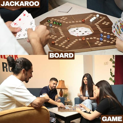 Jackaroo Board Game 2-4 Player Marble Strategy Game Solid Wooden Game with 16 Glass Marbles and 52 Cards Marble Chase Game Jokers and Marbles Board Game Foldable Board with Carry Bag (Walnut)