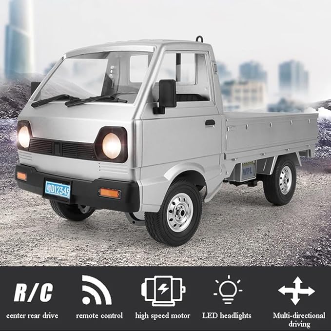 WPL D12 RC Kei Truck 1:10 Scale Remote Control Drift Car 2.4GHz All Terrain Off Road Pickup Truck Crawler with Brushed Motor LED Headlights 2 Batteries RTR for Adults (White)