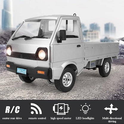 WPL D12 RC Kei Truck 1:10 Scale Remote Control Drift Car 2.4GHz All Terrain Off Road Pickup Truck Crawler with Brushed Motor LED Headlights 2 Batteries RTR for Adults (Silver)