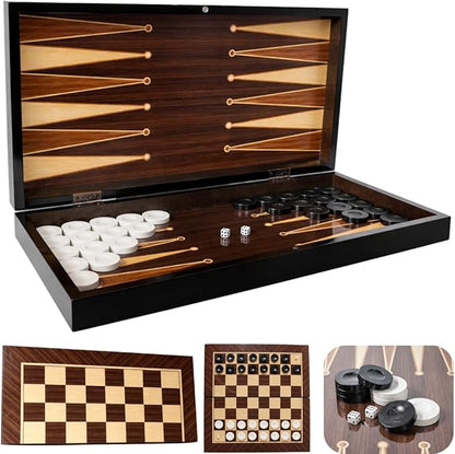 Park&ampOz Walnut Premium Turkish Backgammon and Checkers Set 19 Inch Handmade 2 in 1 Wooden Board Game with Glossy Finish Luxury Checkers and Dice Travel Friendly and Foldable
