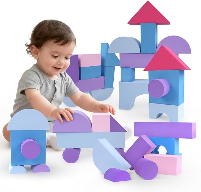 Large Building Foam Blocks for Toddlers EVA Stacking Foam Building Blocks Toy Set Non-Toxic Washable Early Learning Construction Toys &amp Gifts for Kids Boys &amp Girls (Pink Pieces 30)
