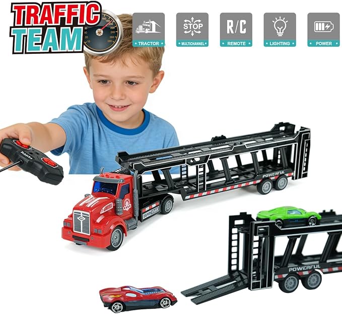 Remote Control Car Transporter Truck Includes 6 Cars 14 1:48 Car Transporter Semi Truck Toy Equipped with 2 Rechargeable Batteries Gifts Ideas for Boys Age 3-8 Year Old