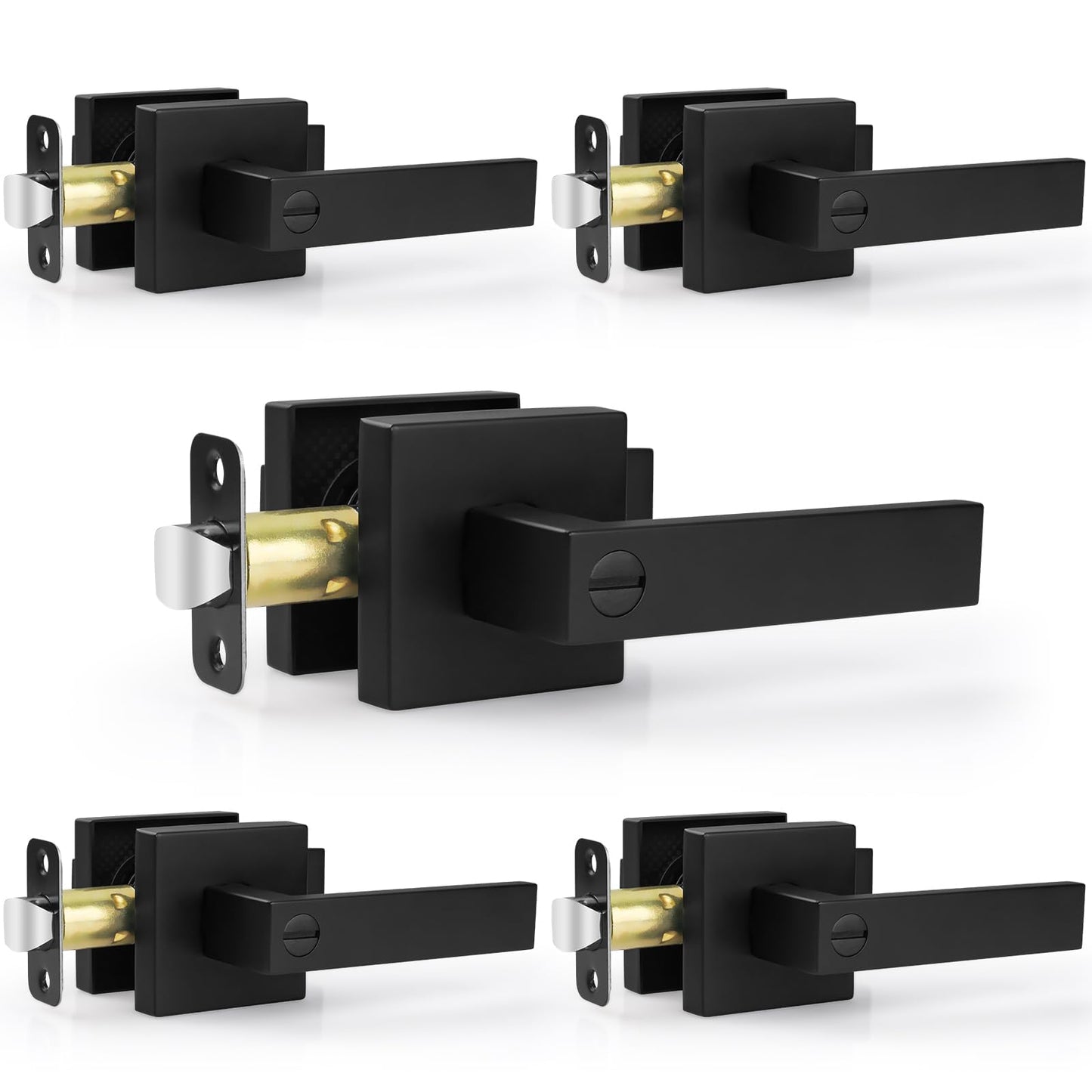 Estmoon 5 Pack Matte Black Door Handles Interior Door Knobs, Home Improvement Keyless Privacy Door Lock, Heavy Duty Zinc Alloy 2.07 lb Door Leverset for Bedrooms Bathrooms