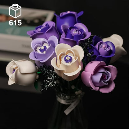 ENJBRICK Pink &amp Purple Roses Flower Bouquet Building Set 615Pcs Everlasting Botanical Collection Compatible with Lego for Adults Aesthetic Home Decor &amp Romantic Gift for Women Anniversary