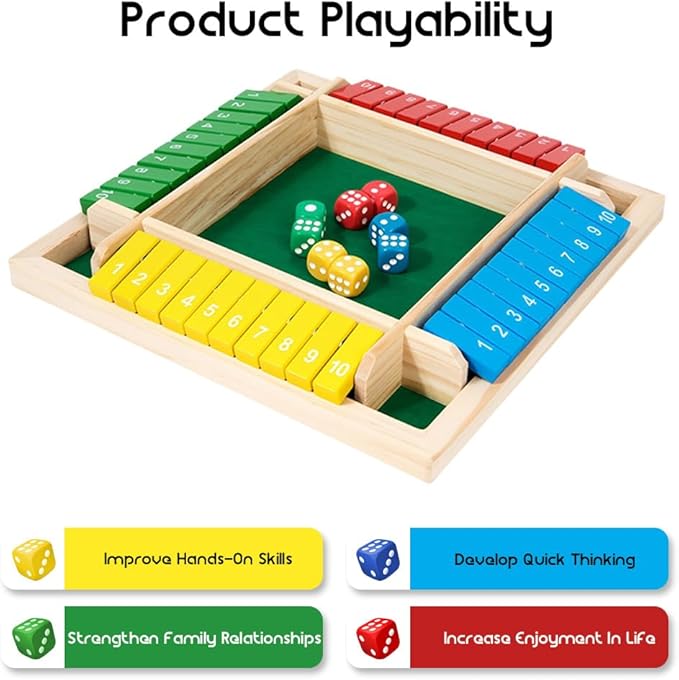 Shut The Box Game: 2-6 Player Wooden Board Math Game with 2-12 Dice | Educational Family Night Entertainment | Classic Pub Style | Funny Family Board Games (Walnut-Square 4 Players)