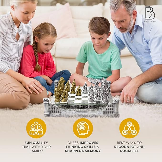 BB Brother Brother Ancient Roman Gladiators 3D Chess Board Game Set Glass Board Handmade Gold and Silver Polyresin Chess Pieces for 2 Players