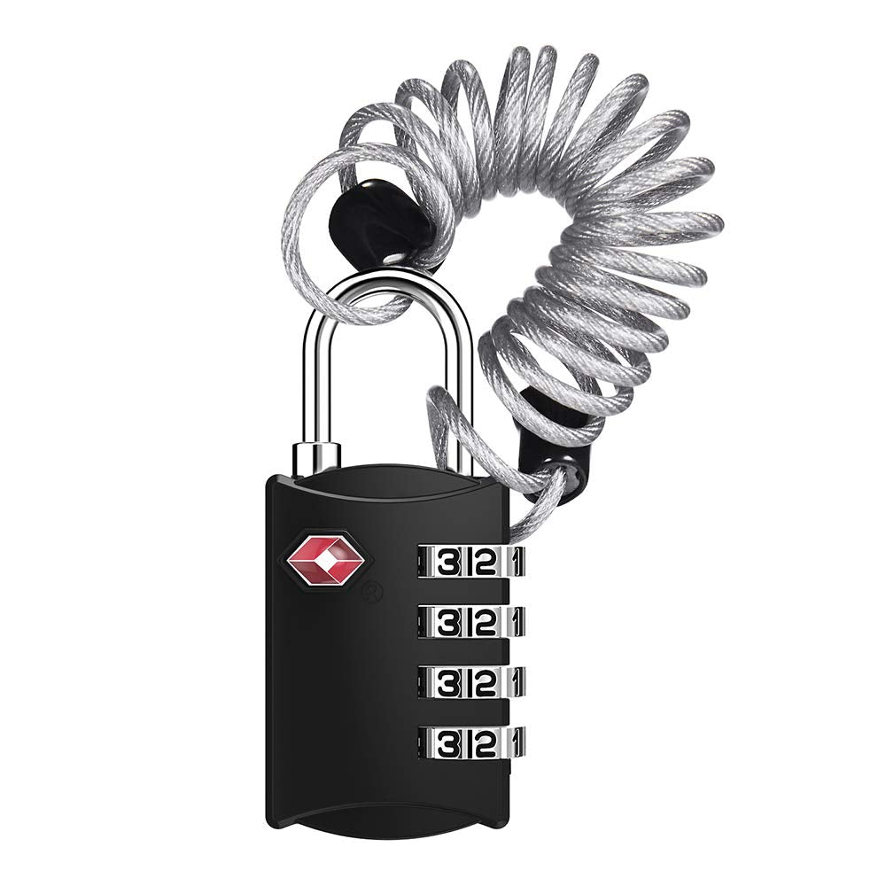 ZHEGE Luggage Lock, TSA Approved Travel Lock, 4 Digit Combination Padlock with Flexible Cable (30 Inch) for Suitcase, Backpack, Cabinet, Drawer (1 Pack, Black)