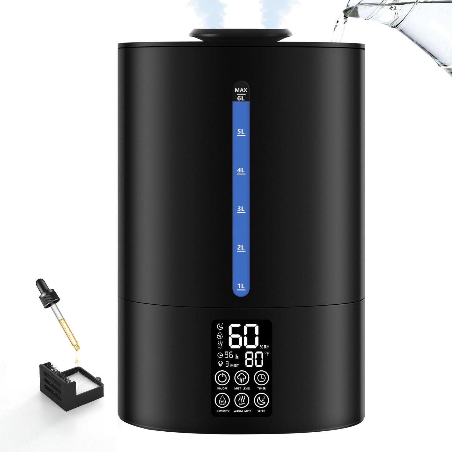 6L Humidifiers for Bedroom Large Room Home, Cool and Warm Humidifier for Plants Mist Top Fill Desk Humidifier Essential Oil Diffuser, Quiet Humidifiers with Adjustable Mist,360°Nozzle-Midnight Black