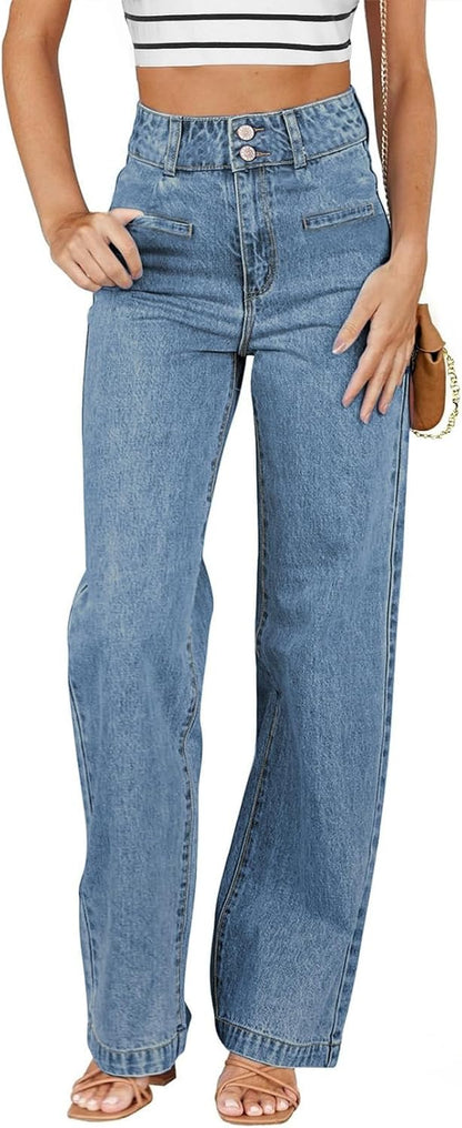 Sidefeel Women's Jeans High Waisted Straight Leg Stretchy Jeans Trendy Welt Pockets Loose Wide Leg Zimbaplatinum Denim Pants