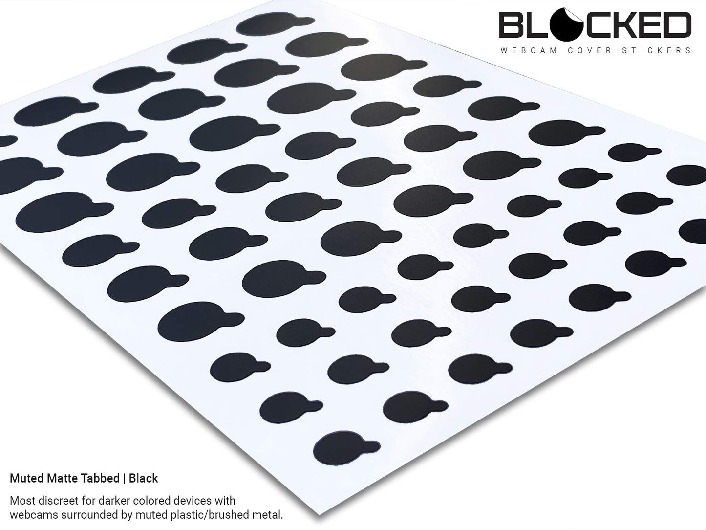 BLOCKED Webcam/Camera Vinyl Covers | Low-Tack Restickable Webcam Sticker | Multiple Sizes | Black 57-Pack Tabbed (Muted Matte)
