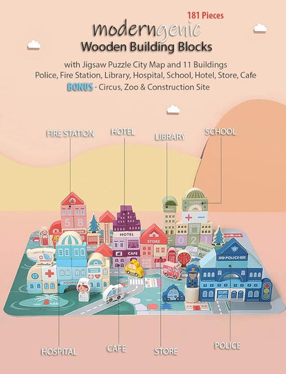 181pcs 'Streetscape' Wooden Building Block Set for Toddlers Jigsaw Puzzle City Map 11 Buildings (3 Extra Bonus: Circus Zoo &amp Construction Site) Preschool Learning Educational Toys