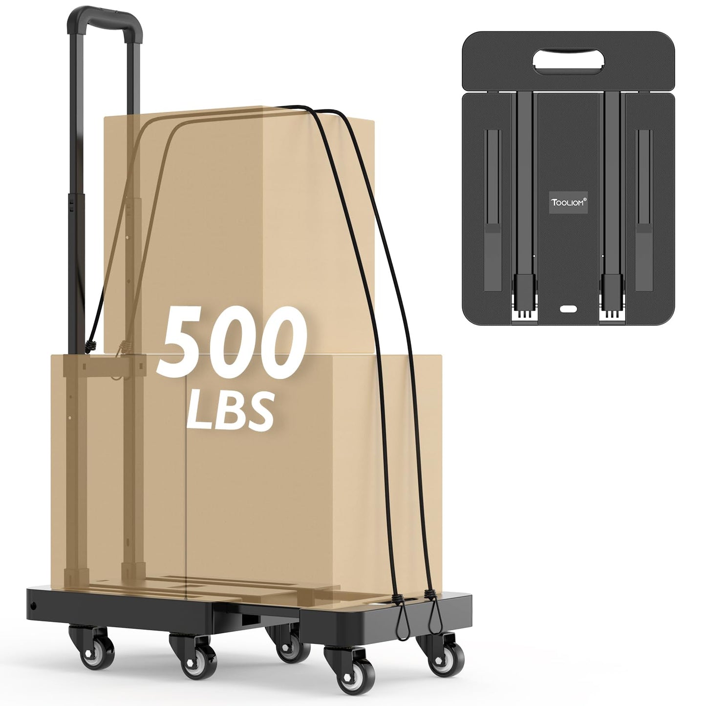 TOOLIOM Folding Hand Truck, 500 lbs Heavy Duty Foldable Luggage Cart with 6 Wheels & 2 Elastic Ropes, Portable Collapsible Dolly Cart with Extendable Base