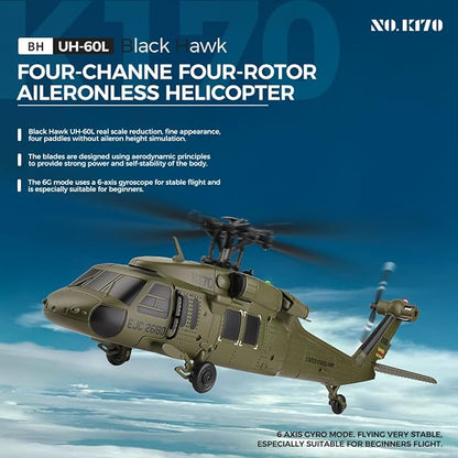 K170 UH60L RC Helicopter Remote Controlled Helicopter for Adults Beginners 2.4G 4CH RC Plane 6-Axis Gyroscope Altitude Hovering Military Aircraft Aileronles (2 Batteries)