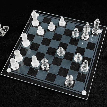 10*10 Glass Chess Set Frosted and Clear Pieces Felted Bottom for Adult and Teens（Gift for Game Education）