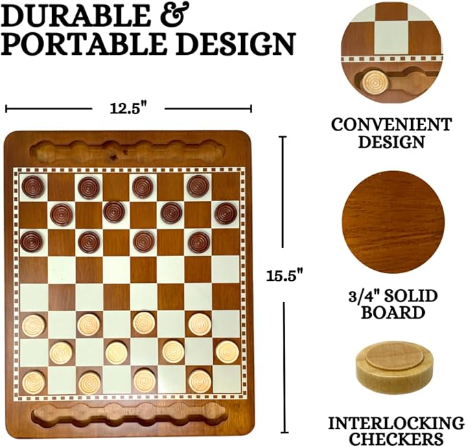 Regal Games Luxury Checkers Board Game for Adults &amp Kids - Classic Wooden Board Game Set with 24 Checkers Pieces - Travel and Portable Table Games (Ages 8+)