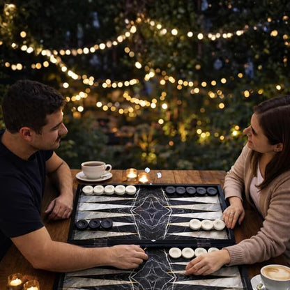 Park&ampOz Premium Turkish Backgammon and Checkers Set 19 Inch Handmade 2 in 1 Wooden Board Game with Glossy Finish Luxury Checkers and Dice Travel Friendly and Foldable (Black Marble)