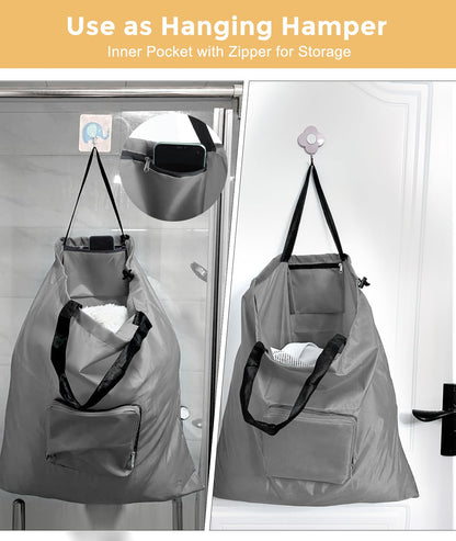Travel Laundry bags, 2 Pack Dirty Laundry Travel Bag, Foldable Dirty Clothes Bag for Traveling, Washable and Small Laundry Bag with Handles for Suitcase, Gym, Camping, Black+Grey