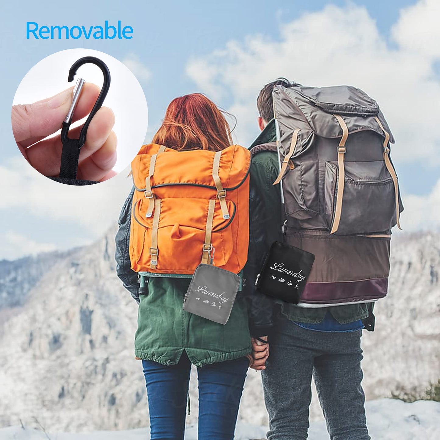 2 Pcs JHX Travel Laundry Bags, Dirty Clothes Organizer【Upgraded】with Handles and Aluminum Carabiner for Travel, Camp, Fitness, and Students (Black&Grey) 24"L x 21"W
