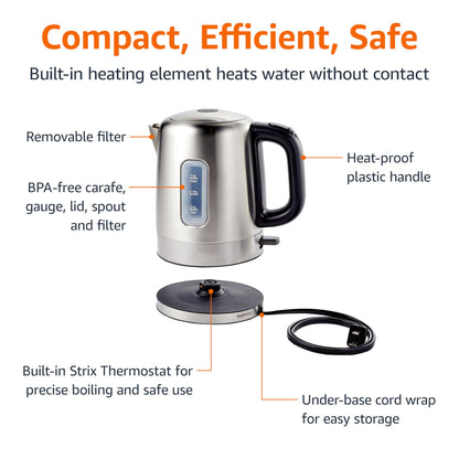 Amazon Basics Electric Stainless Steel Kettle for Tea and Coffee, BPA-Free, Fast Boiling, Auto Shut-Off, 1.1 Quarts, 1500W, Black and Silver