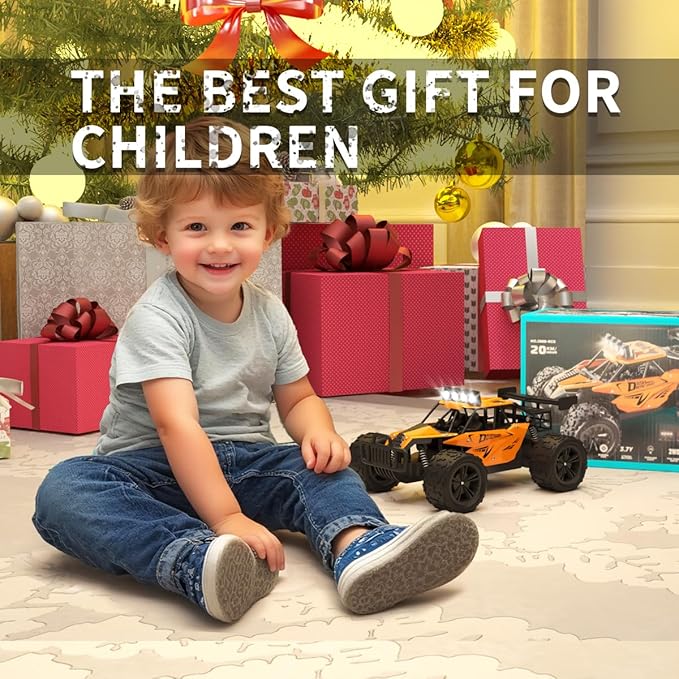 Remote Control Car Monster Truck Toys 1:16 Scale RC Car For Boys 2.4GHz High Speed 20 km/h With LED HeadlightsRechargeable RC Cars Gifts for Boys 4-7 8-12 Christmas Beginner Kids 6-12+(Orange)