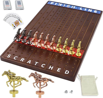 Metal Horse Race Board Game Racing Game Thickened Solid Wood with 11 Luxurious Durable Classic Metal Horses with 2 Dice and 2 Boxes of Cards Horse Racing Game (WalnutRectangle)