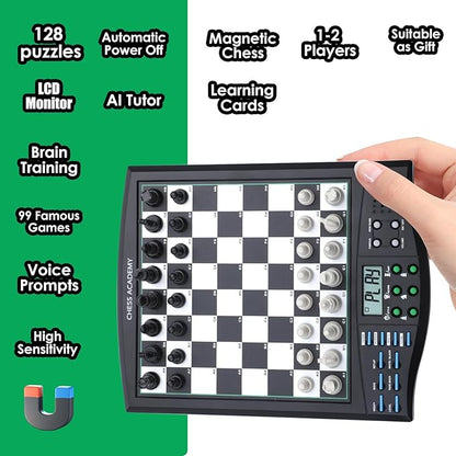 Talking Chess Academy Electronic Chess Board Smart Chess Board with Voice Teaching System Computer Chess Game with Strong Magnetic Pieces 1-2 Player Electronic Chess Set - Simple Portable Travel