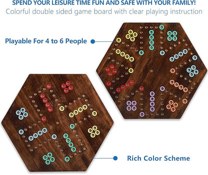 Large Size 20 inches Wood Wahoo Marble Board Game 2 Sided Game 4-6 Player for Friends and Family Party Classic Wahoo Style Strategy Racing Game with 6 Dices30 Marbles (Rustic Brown)