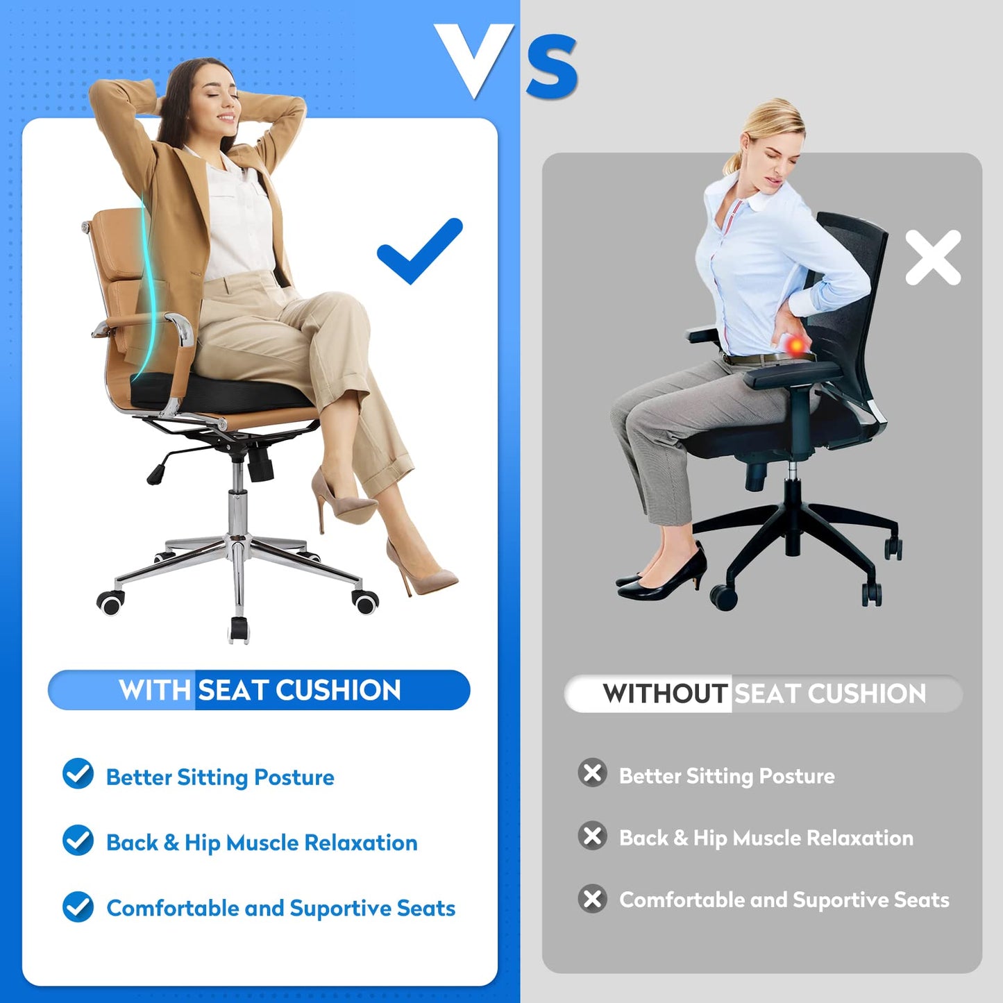 Ergonomic Memory Foam Seat Cushion with Non-Slip Base - Office Chair, Car, Airplane, Wheelchair & Bleacher Support - Pressure Relief for Back, Tailbone & Sciatica (Black)