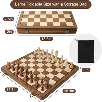 Magnetic Wooden Chess Set 2 Extra Queens 15'' Folding Portable Travel Chessboard with Chess Pieces Storage Slots for Professional Tournament Beginner Adults Kids 6 up Age DUR-001