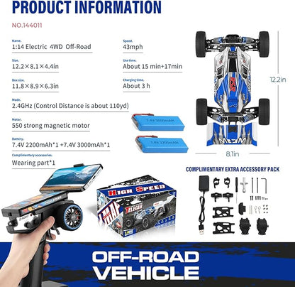 WLtoys 144011 1/14 4WD RC Cars for Adults Max 43 MPH Off-Road Fast RC CarsUpgraded Hardware(144001V2) Multifunctional Lighting DesignSuitable for Outdoor Activity and Gifts