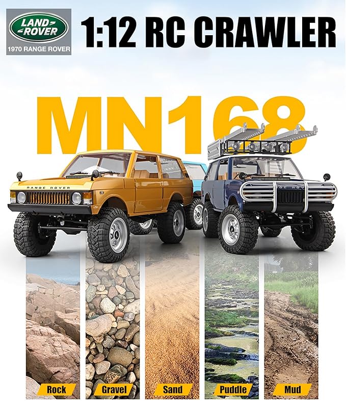 MN-168 1/12 RC Crawler Ranger Rover 1970 RC Truck 4x4 Off Road Car 2.4GHz RC Rock Climber Vehicles with 7.4V 1200mAh Battery RTR for Adults (Yellow)