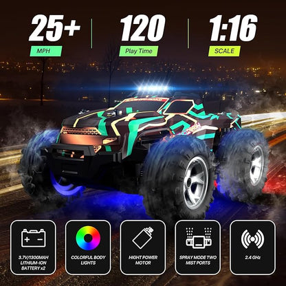 Remote Control Car for Boys 1:16 Scale All Terrain RC CarsHigh Speed 25Km/h Fast Car with Colorful Led Light and Spray RC TruckToy Car Gift for 6 7 8 9-14 Year Old Boys