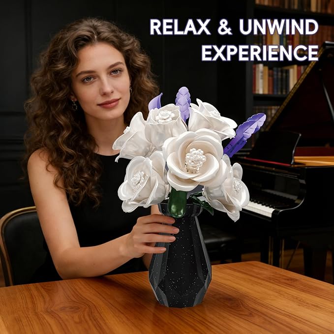 White Roses Flowers Bouquet Building Set with Vase 256 Pcs Artificial Botanical Collection with Purple Accents Floral Centerpiece Home Decor Gift for Adults