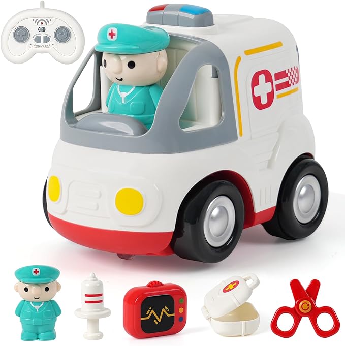 Remote Control Car for Kids - Cartoon RC Ambulance Toy for Toddlers 18+ Months Ages 2 3 4 5 Years Old Birthday Gifts for Boys with Lights &amp Sounds &amp Music