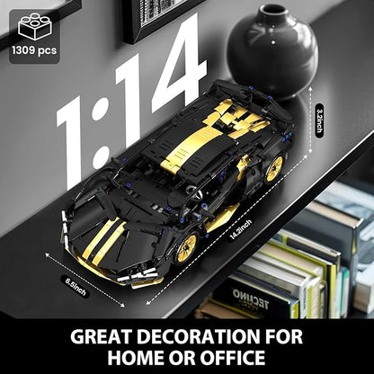 GEVINST Collectible Sports Race Cars Building Set RC Remote Control APP Car Model Kits with LED Lights for Boys 8-12 and up Adults 1:14 Scale Black Gold Supercar Gifts (1309 PCS)