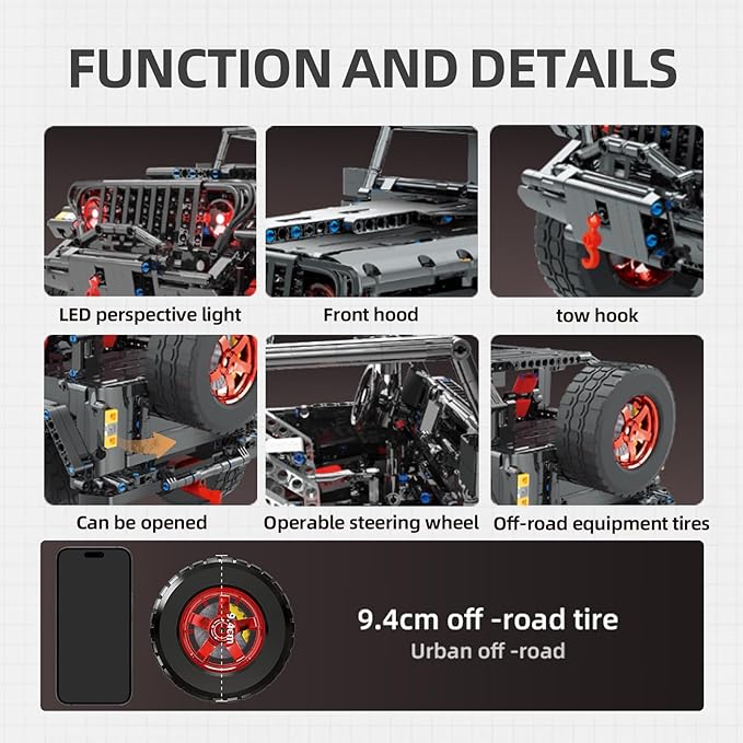 RC Off-Road SUV Wrangler Black Warrior Building Kits 1/8 Scale Pickup Truck Car with Remote Control Lights Challenge Building Blocks Gift for Technical Enthusiasts Adults &amp Teens Age 14+ (2272PC