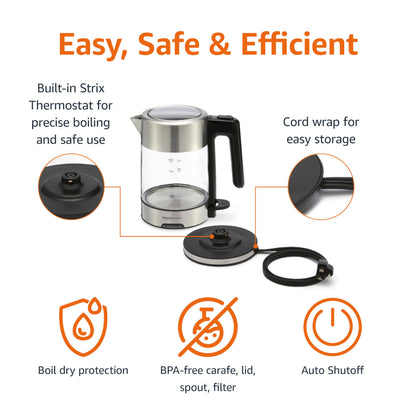 Amazon Basics Electric Kettle with Glass Carafe for Tea and Coffee, BPA-Free, Fast Boiling, Auto Shut-Off, 1.8 Quarts, 1500W, Black and Silver