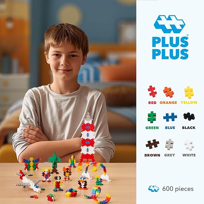 PLUS PLUS 600 Piece Interlocking Building Blocks for Kids Open Ended Connecting Toys STEM Bin Classroom Mini Manipulatives Play Tube - Basic Color Mix
