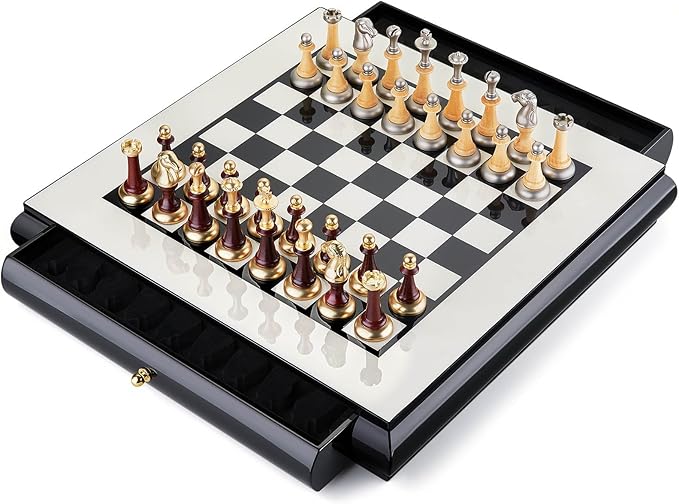 AMEROUS 16 Inches Wooden Chess Set Large Size Board with 2 Built-in Storage Drawers - 2 Extra Queens - Metallic &amp Wooden Chess Pieces - Gift Packaging Board Games for Adults and Kids